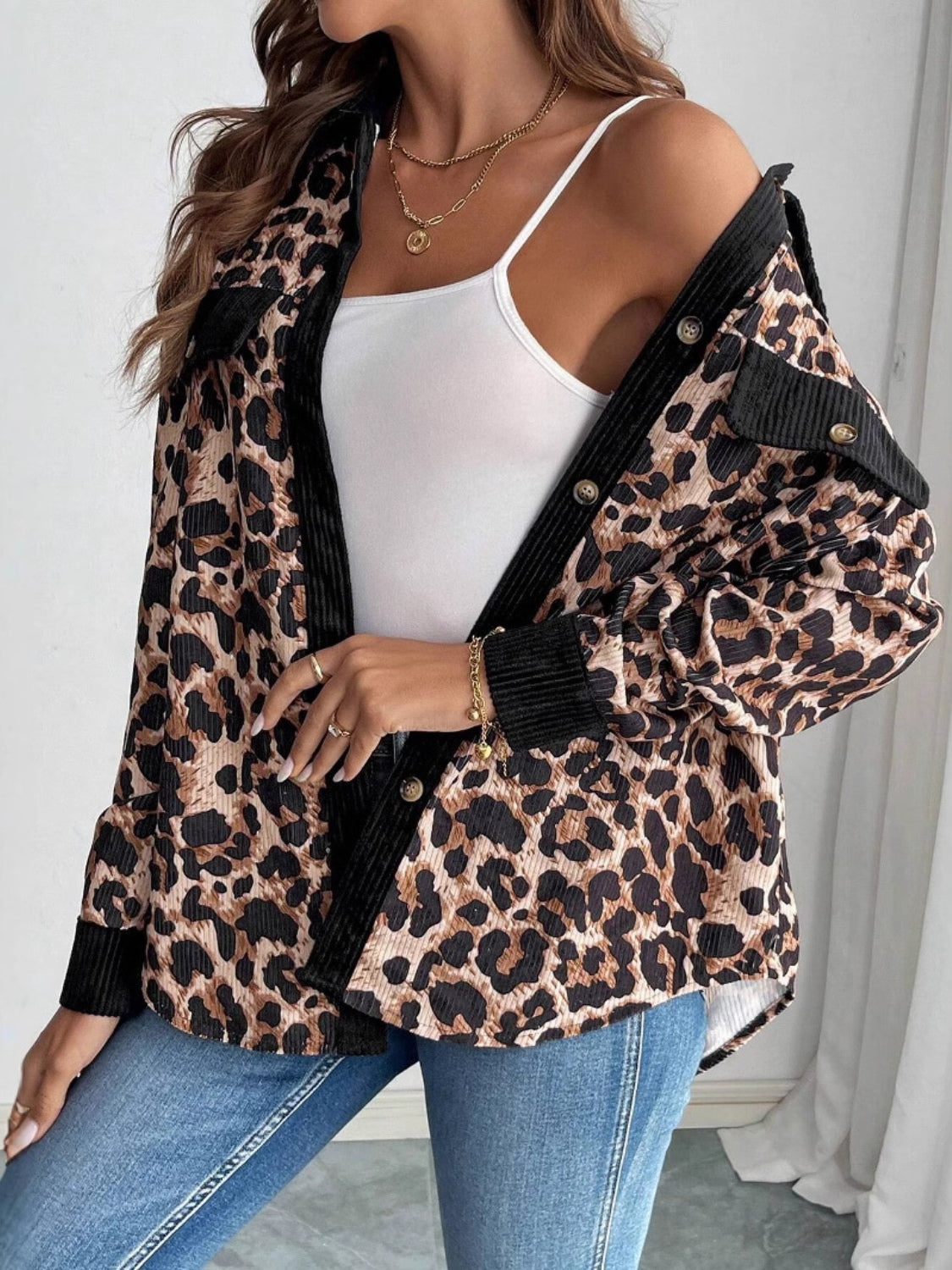 Leopard Collared Neck Button Up Shacket-Angel Casuals