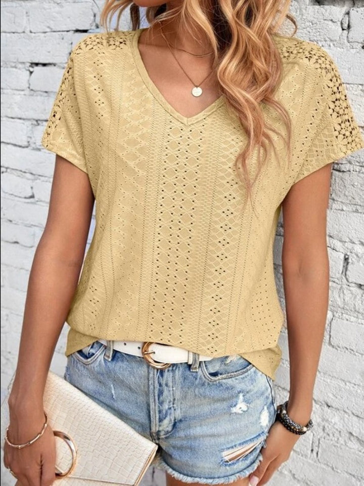 Eyelet V-Neck Short Sleeve T-Shirt-Angel Casuals
