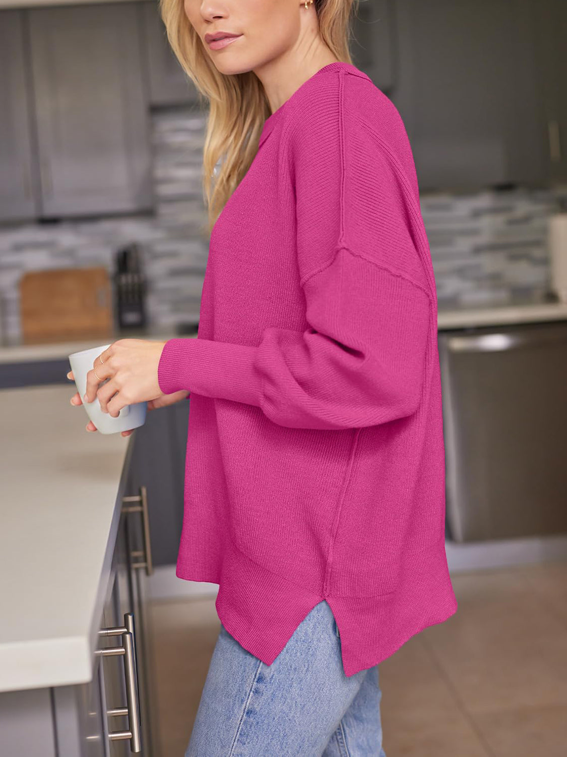 Slit Round Neck Dropped Shoulder Sweater-Angel Casuals