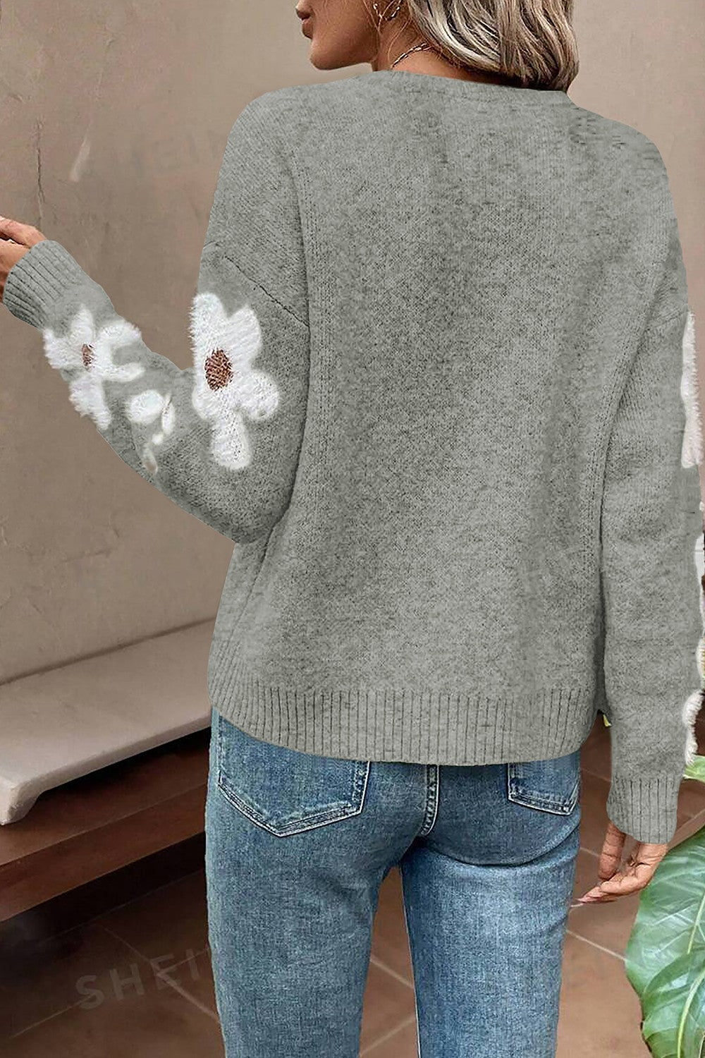 Flower Round Neck Long Sleeve Sweater-Angel Casuals