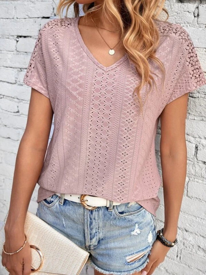 Eyelet V-Neck Short Sleeve T-Shirt-Angel Casuals