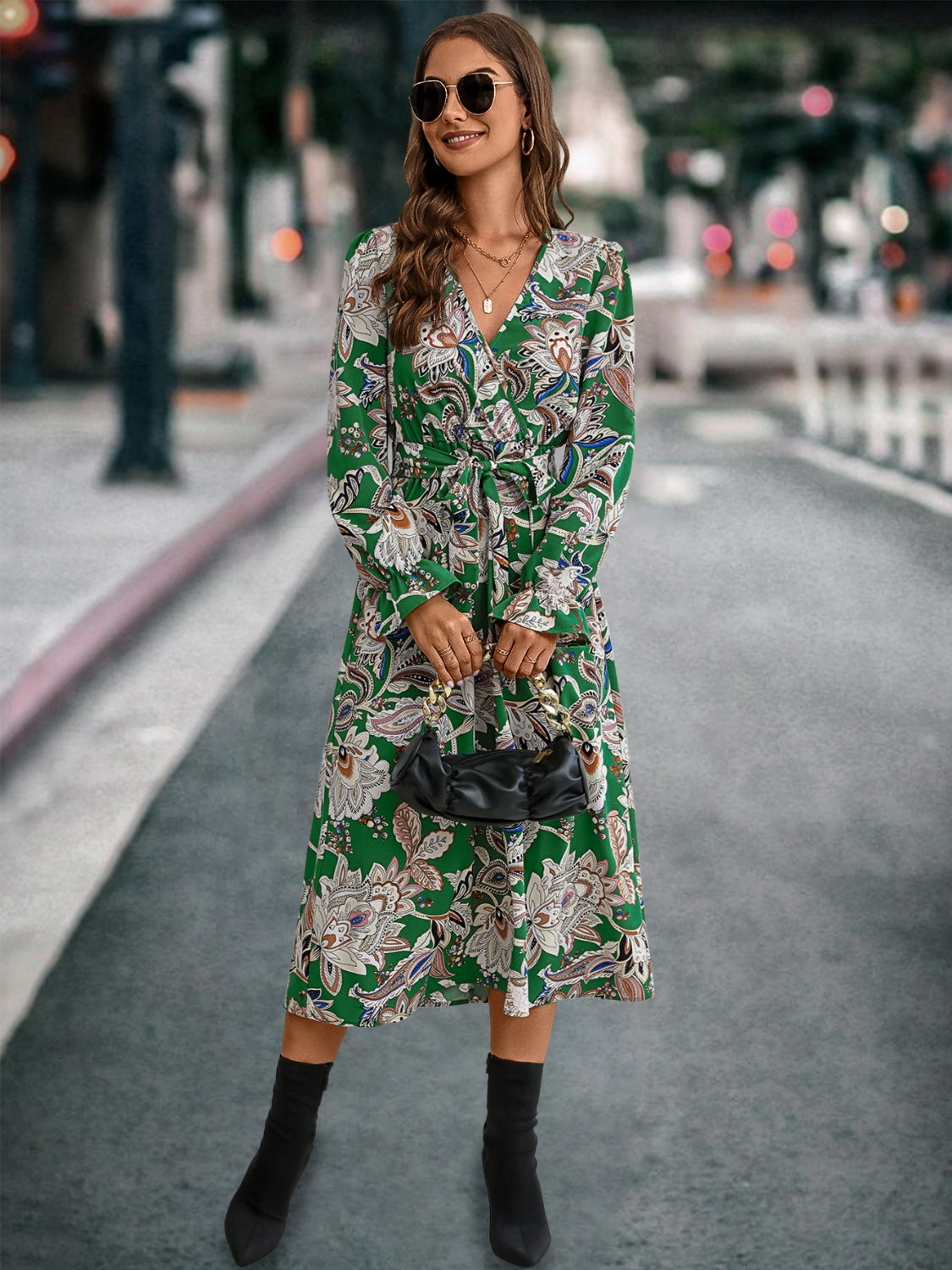 Printed Tie Front Surplice Flounce Sleeve Dress-Angel Casuals