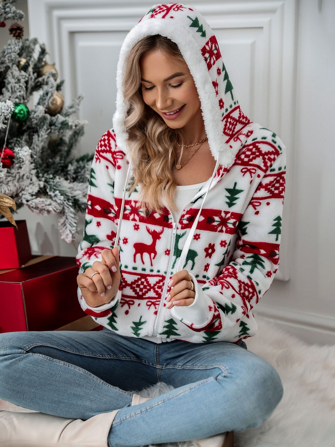 Drawstring Christmas Element Zip Up Hooded Jacket-Angel Casuals