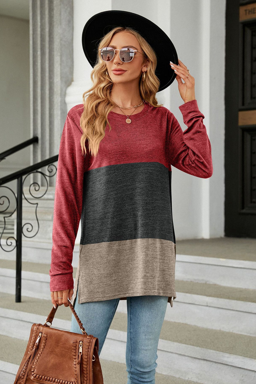 Color Block Round Neck Long Sleeve Slit T-Shirt-Angel Casuals