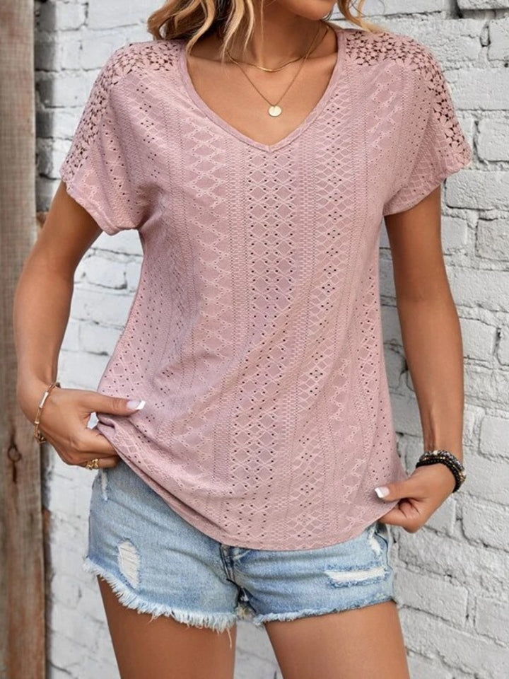 Eyelet V-Neck Short Sleeve T-Shirt-Angel Casuals