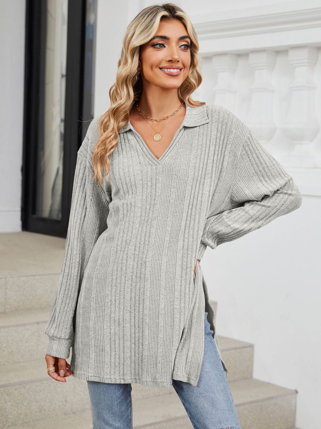 Slit Johnny Collar Long Sleeve T-Shirt-Angel Casuals