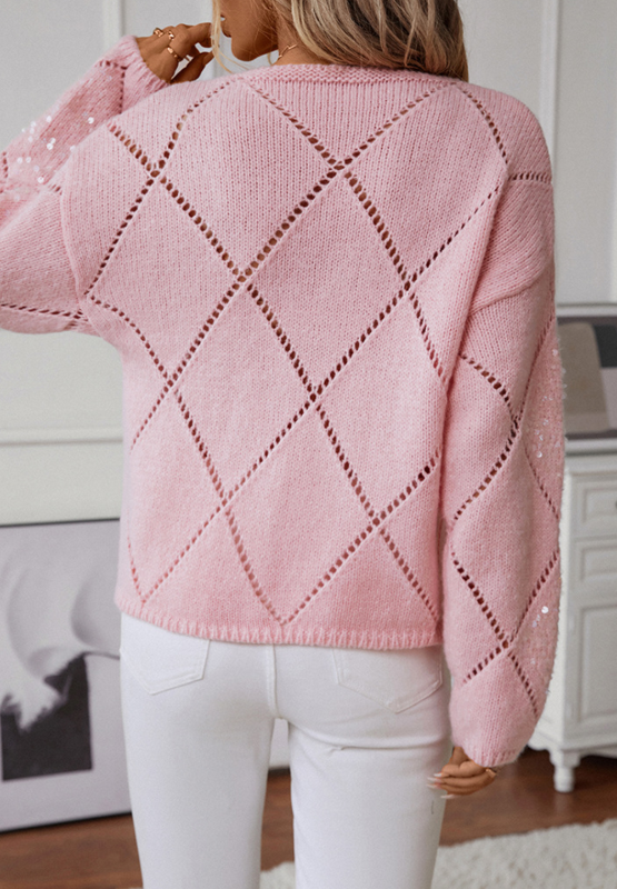 Openwork Sequin Round Neck Long Sleeve Sweater-Angel Casuals