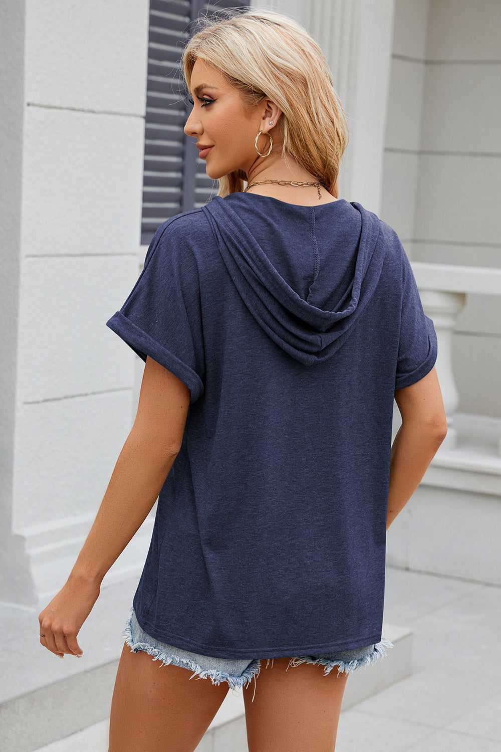 Half Button Drawstring Short Sleeve Hooded T-Shirt-Angel Casuals