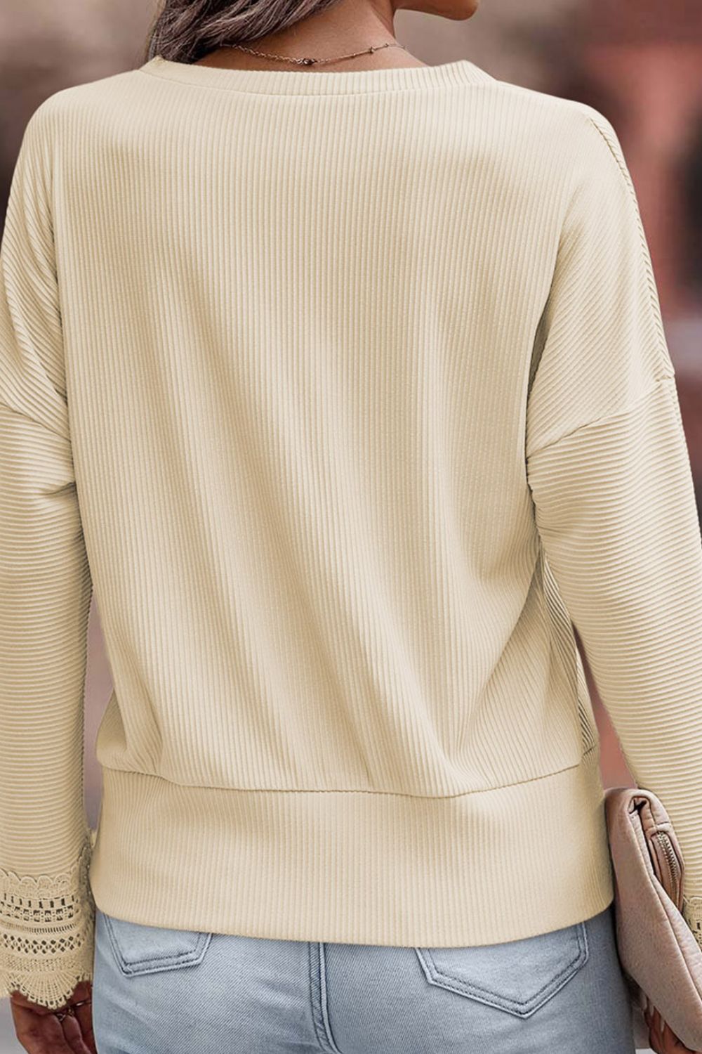 Lace Detail V-Neck Long Sleeve T-Shirt-Angel Casuals