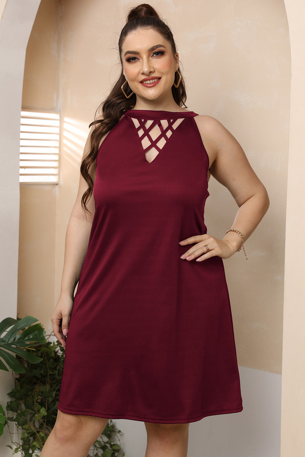 Plus Size Cutout Round Neck Sleeveless Dress-Angel Casuals