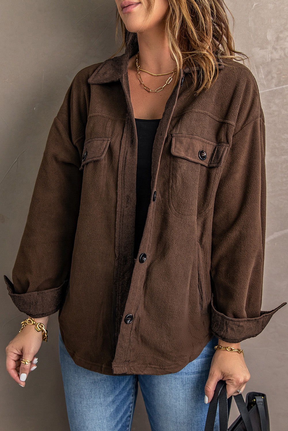Button Up Collared Neck Long Sleeve Jacket-Angel Casuals