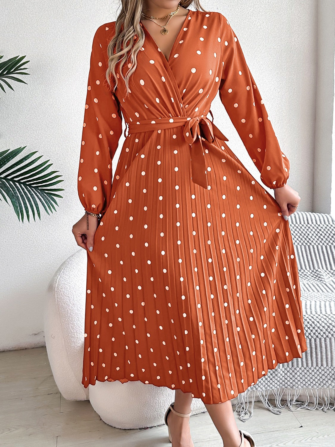 Tied Polka Dot Long Sleeve Midi Dress-Angel Casuals
