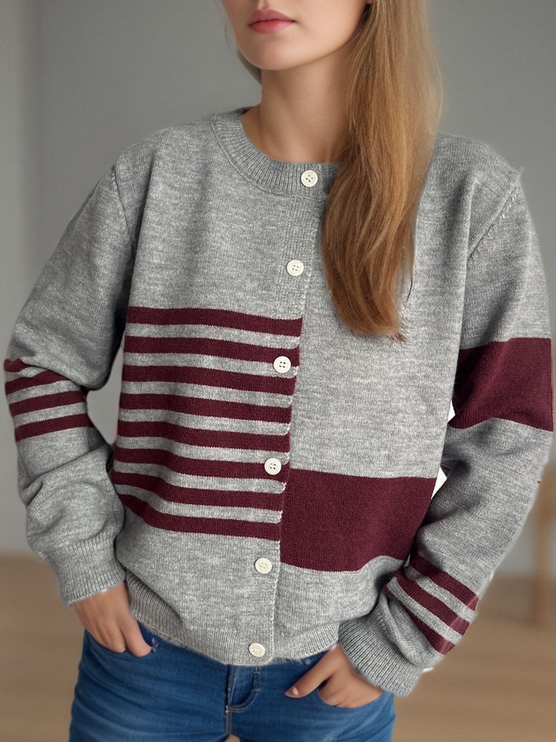 Striped Color Block Round Neck Cardigan-Angel Casuals