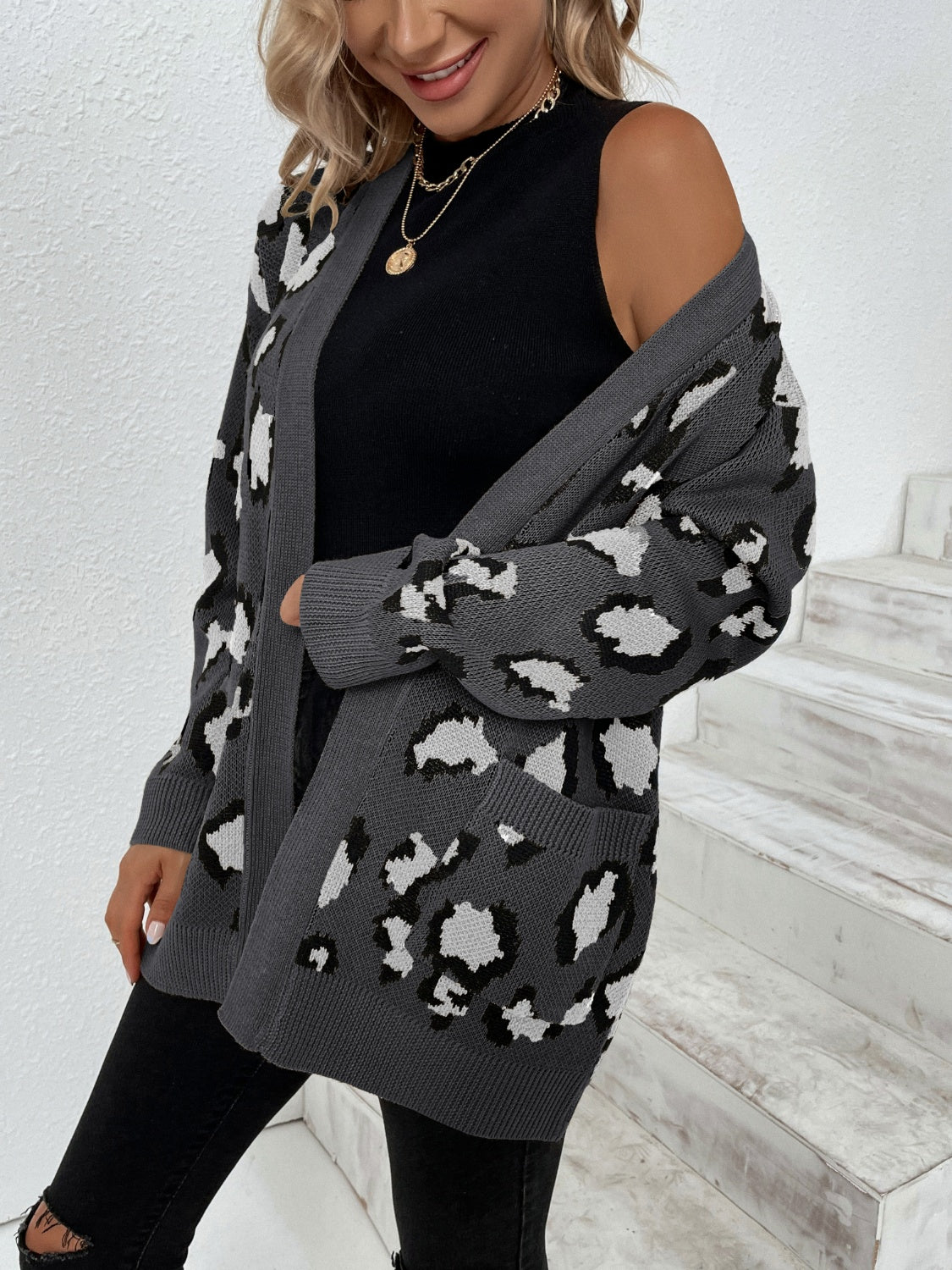 Leopard Open Front Dropped Shoulder Cardigan-Angel Casuals