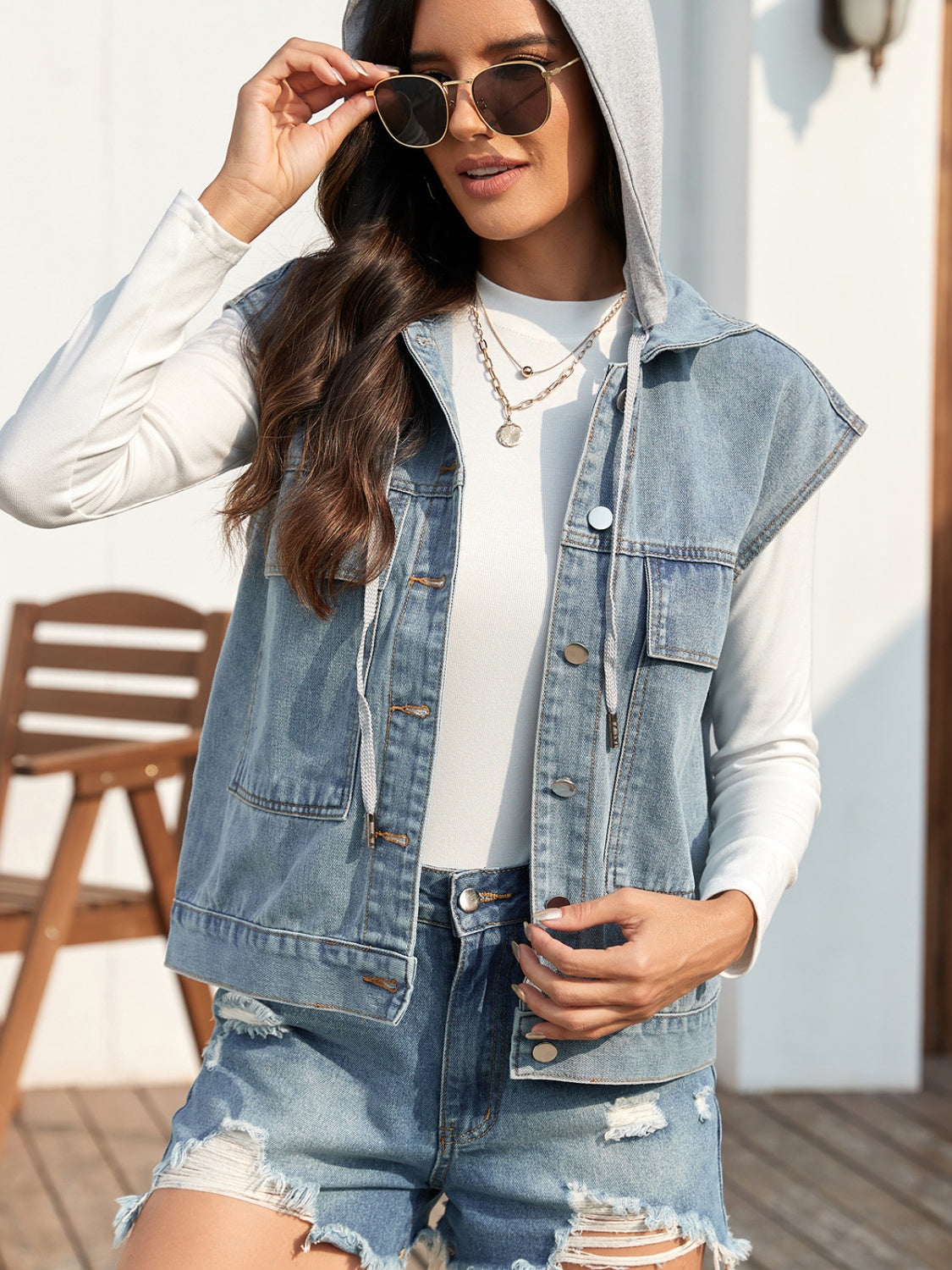 Drawstring Button Up Sleeveless Denim Jacket-Angel Casuals