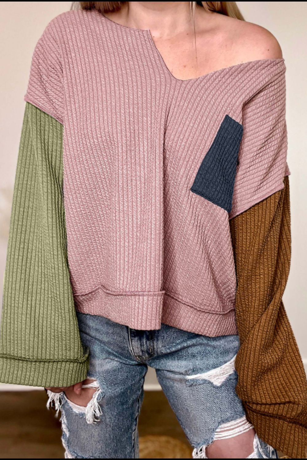 Color Block Textured Notched Long Sleeve Top-Angel Casuals