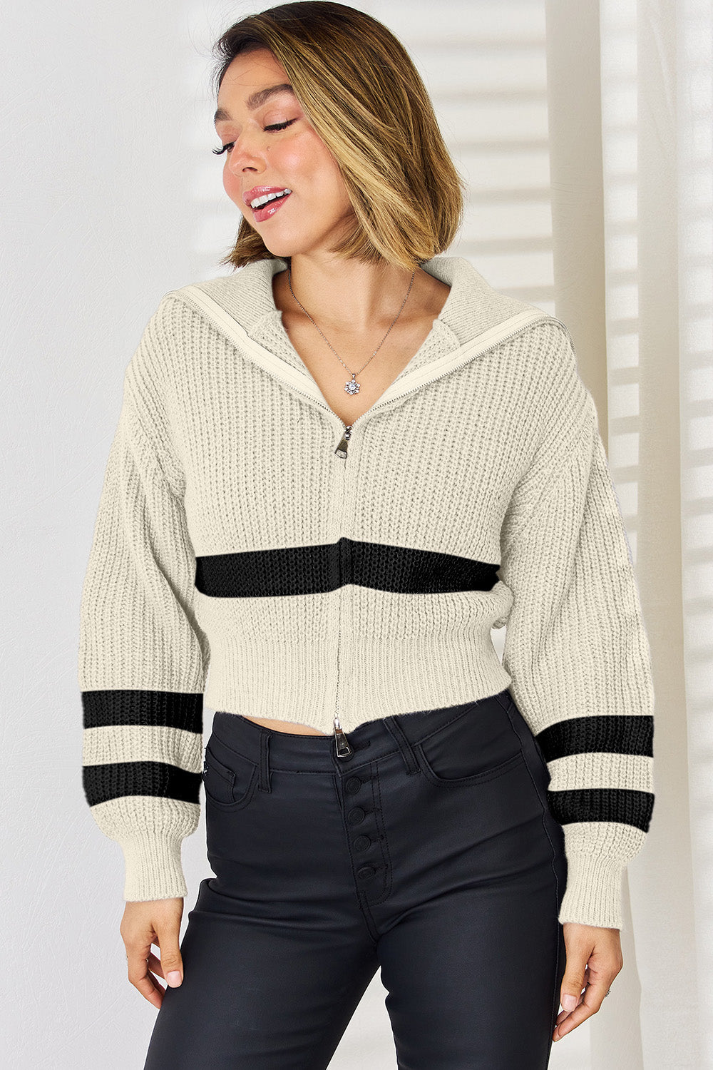 Striped Zip Up Dropped Shoulder Cardigan-Angel Casuals