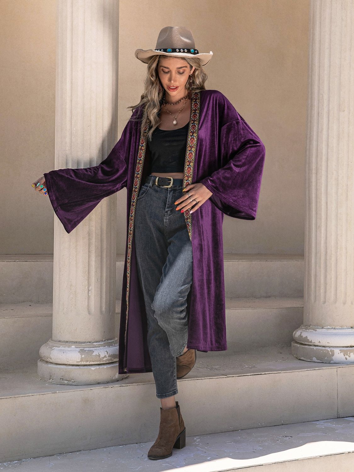 Embroidered Open Front Long Sleeve Cardigan-Angel Casuals