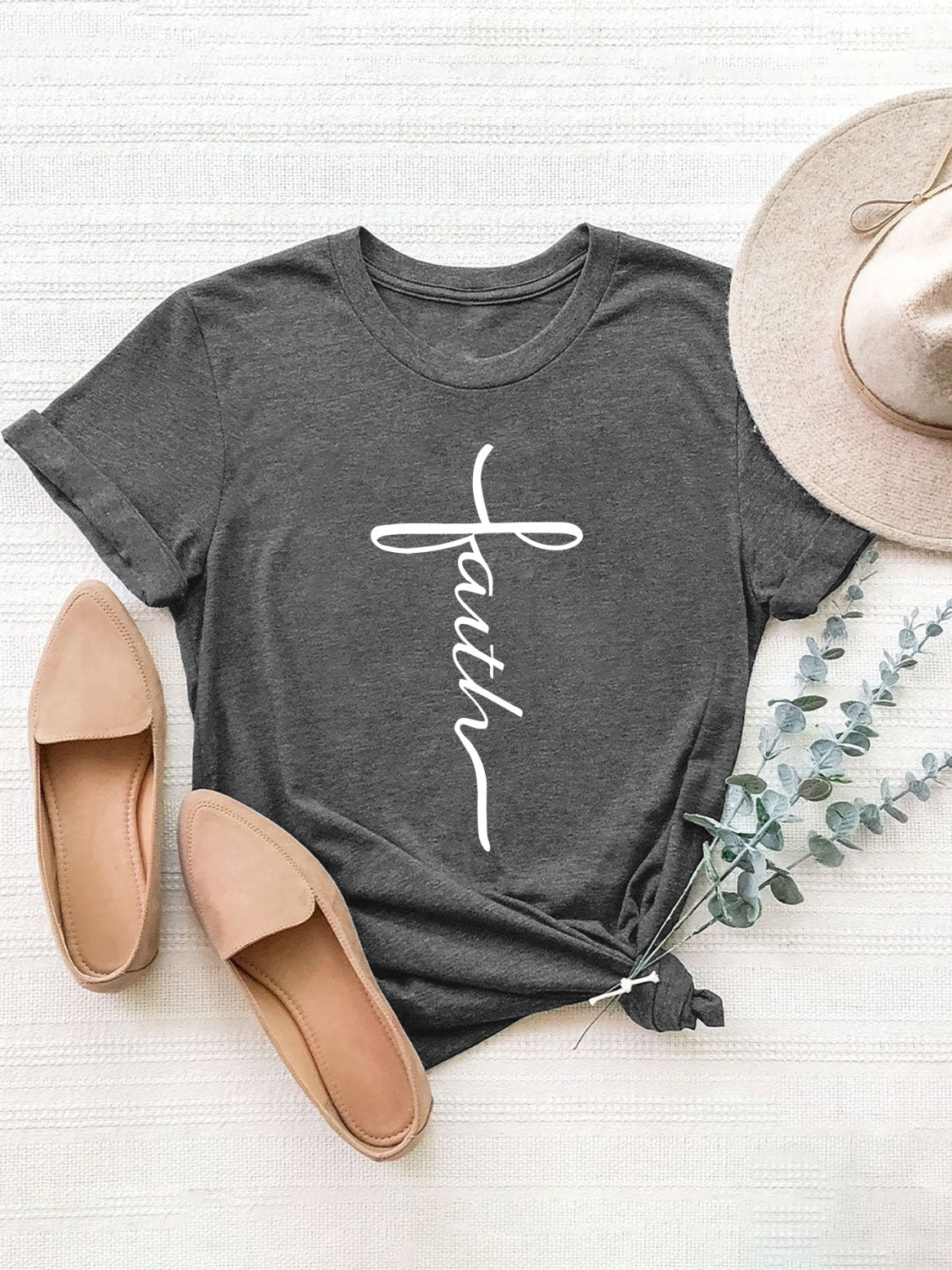Letter Graphic Round Neck Short Sleeve T-Shirt-Angel Casuals