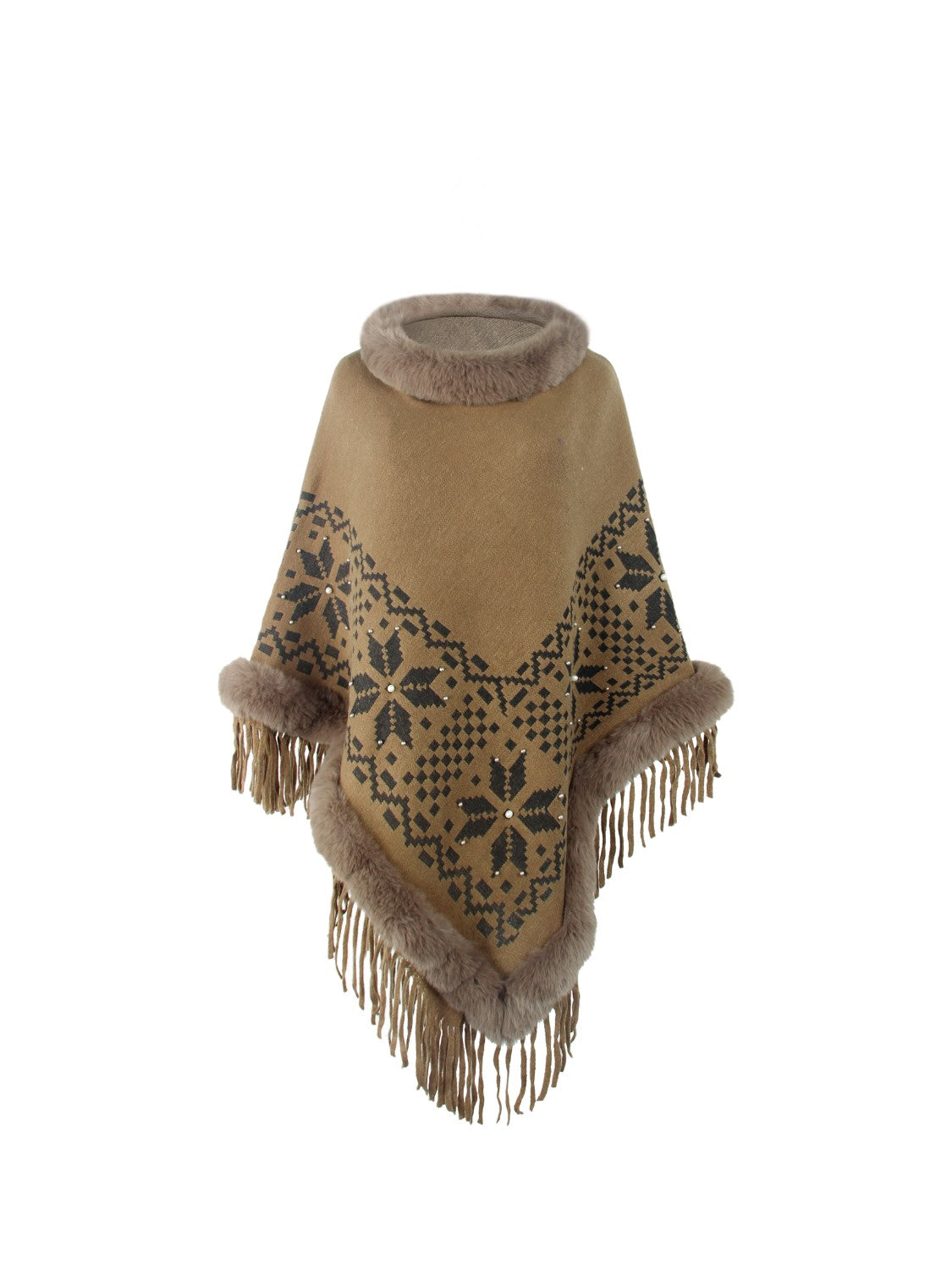 Fringe Geometric Cape Sleeve Poncho-Angel Casuals