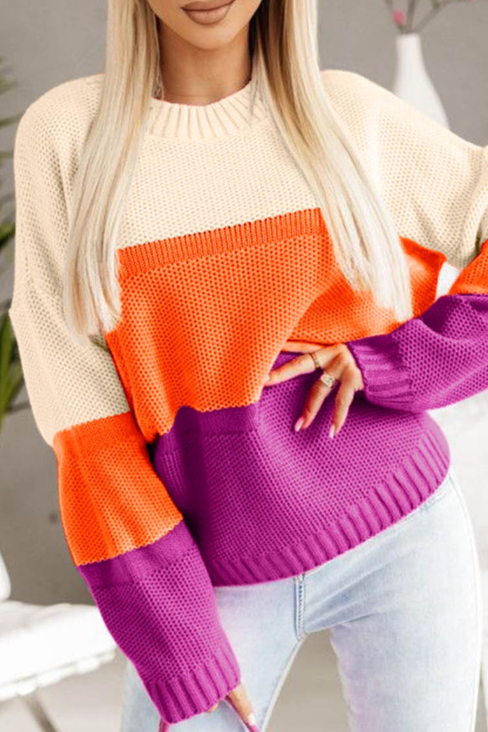 Color Block Drop Shoulder Round Neck Sweater-Angel Casuals