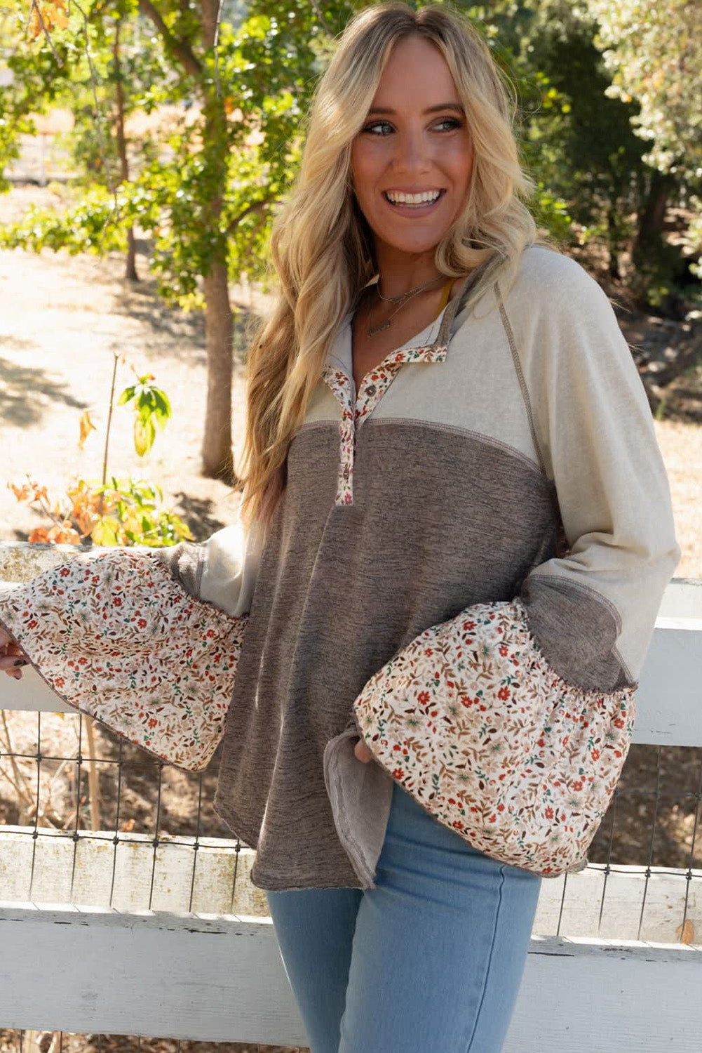 Floral Half Button Long Sleeve T-Shirt-Angel Casuals