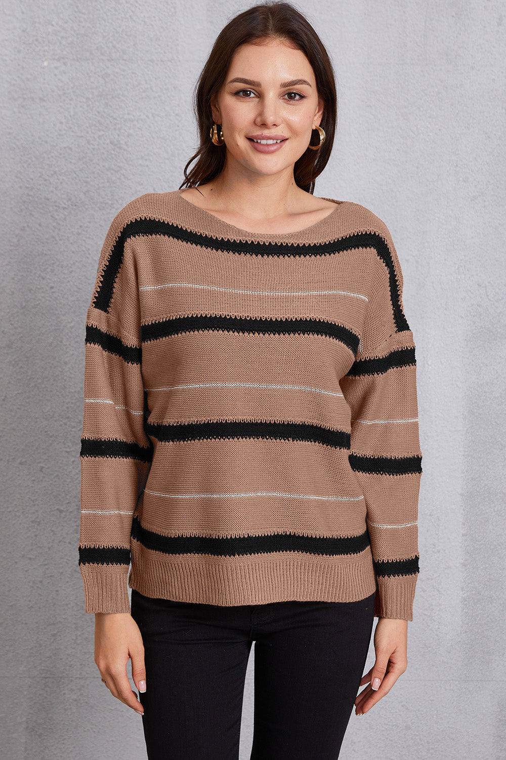 Striped Round Neck Dropped Shoulder Sweater-Angel Casuals