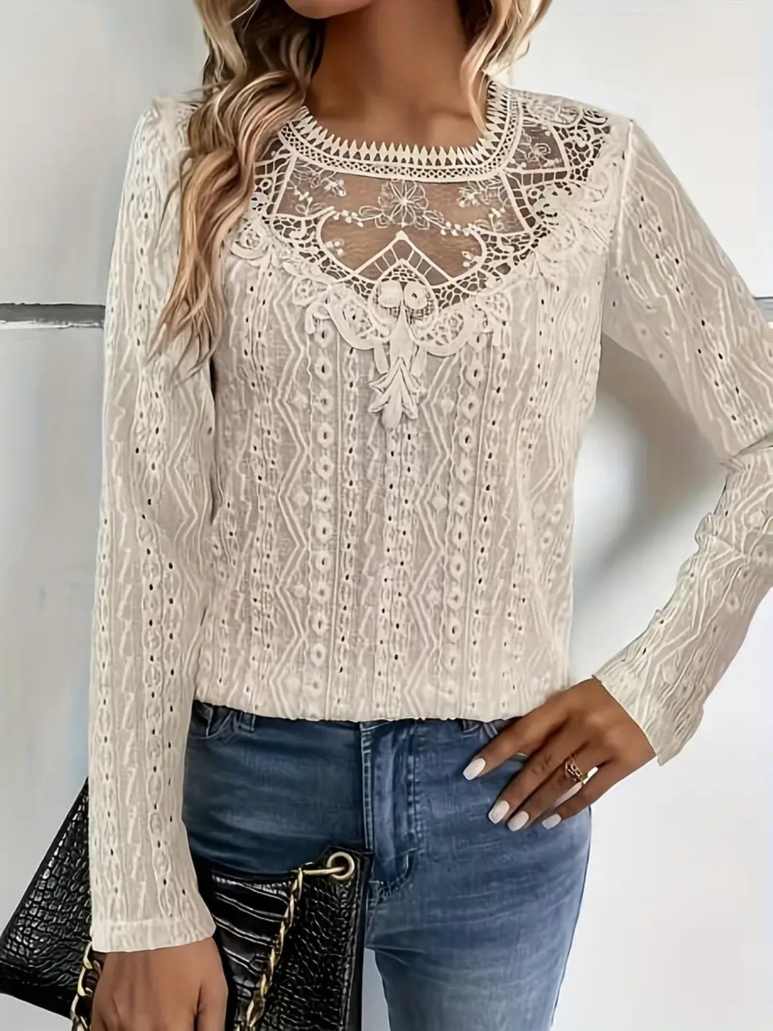 Lace Eyelet Long Sleeve Top-Angel Casuals