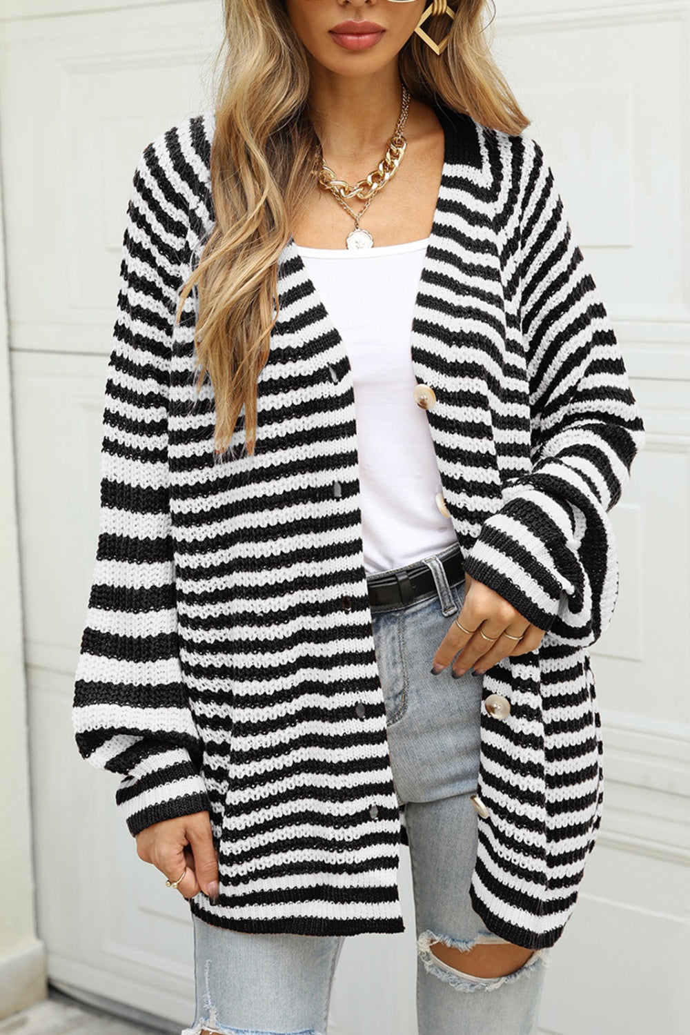 Angel Wings Striped Button Up Long Sleeve Cardigan-Angel Casuals