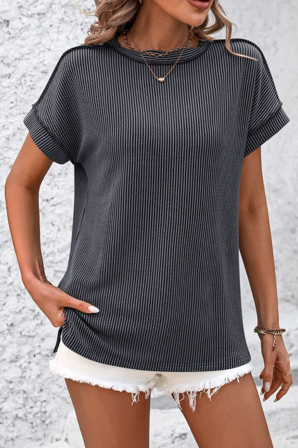 Striped Round Neck Short Sleeve T-Shirt-Angel Casuals