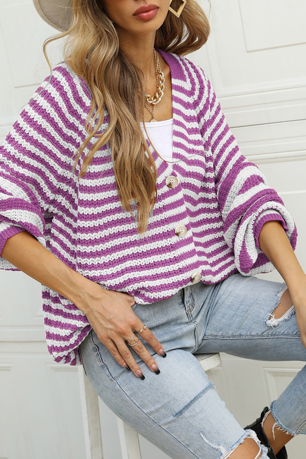 Angel Wings Striped Button Up Long Sleeve Cardigan-Angel Casuals