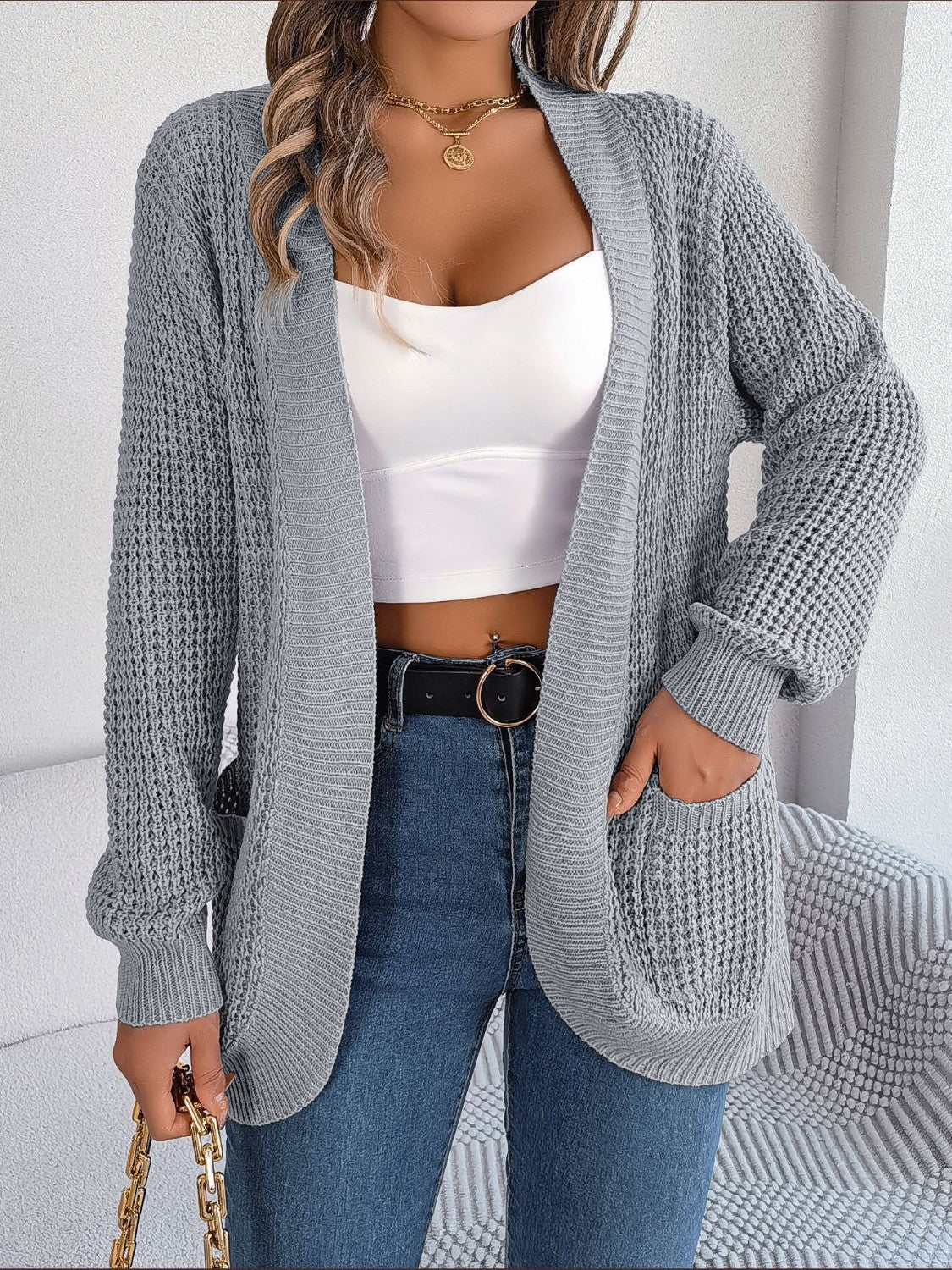 Open Front Long Sleeve Cardigan with Pockets-Angel Casuals