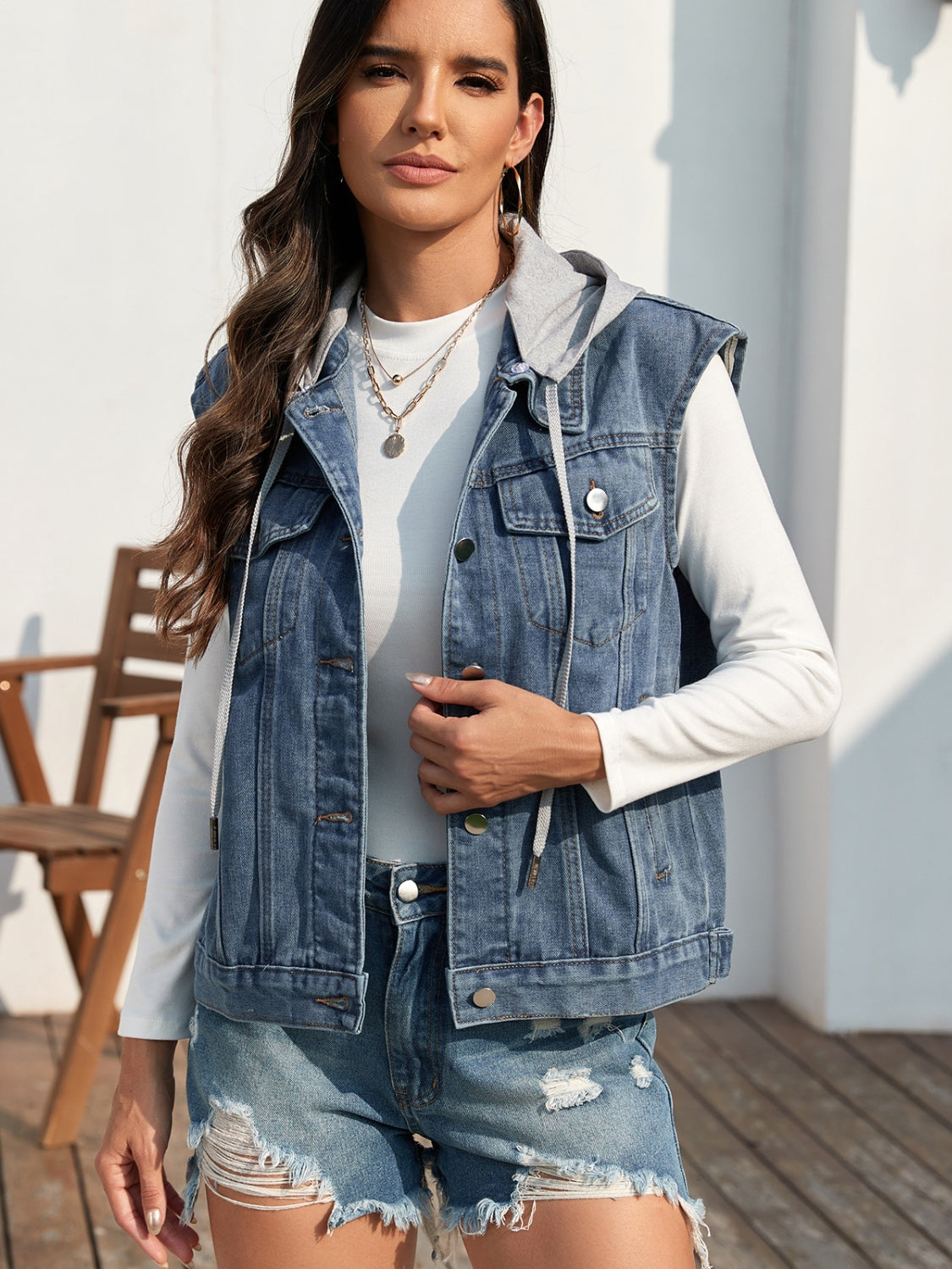 Pocketed Button Up Hooded Denim Jacket-Angel Casuals