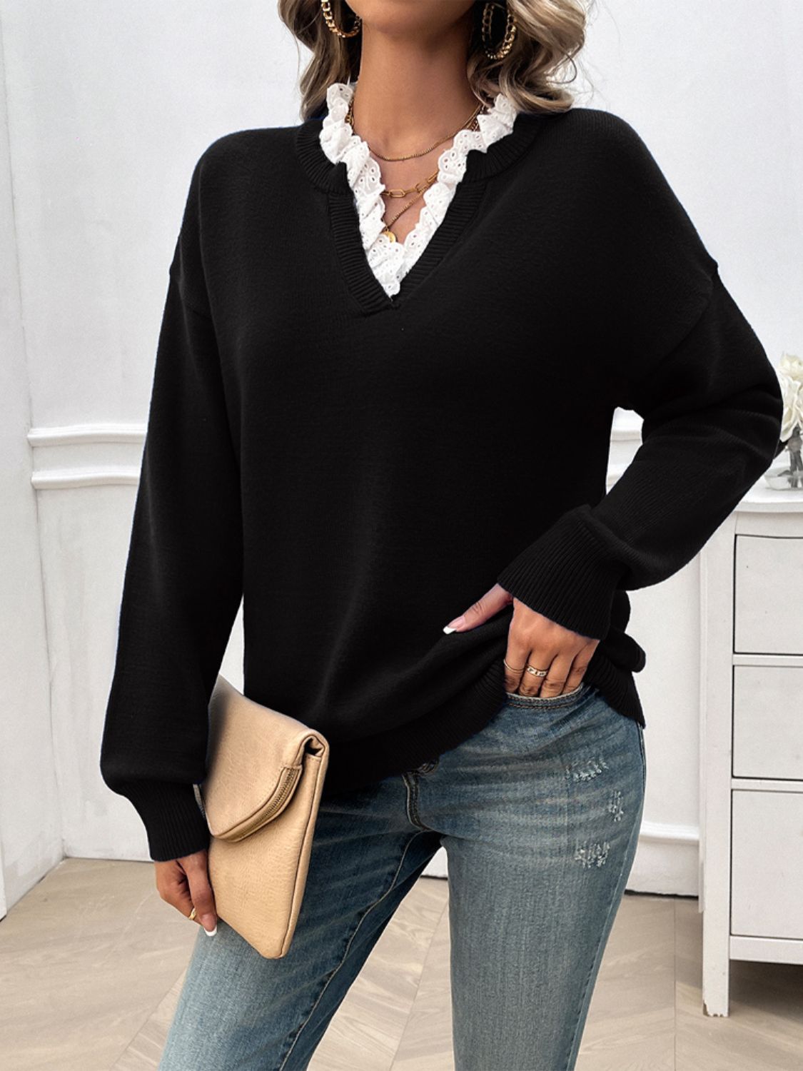 Devine Lace Detail Notched Long Sleeve Sweater-Angel Casuals