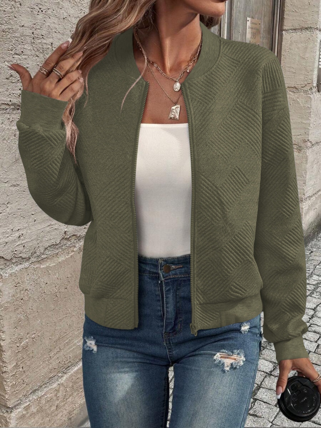 Textured Zip Up Long Sleeve Jacket-Angel Casuals