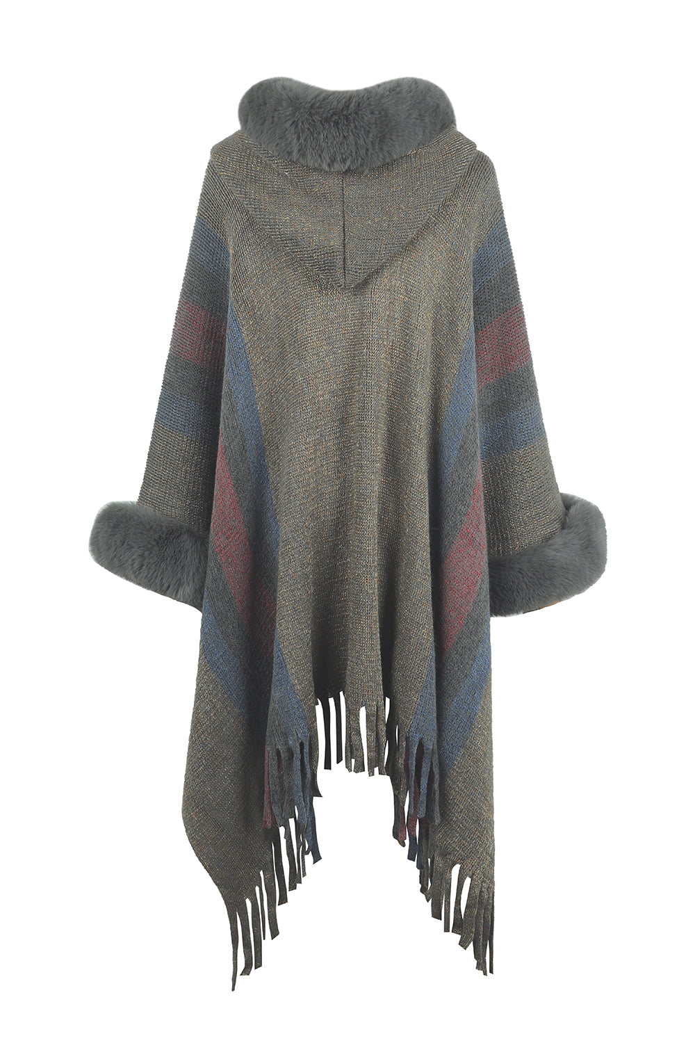 Color Block Fringe Detail Poncho-Angel Casuals