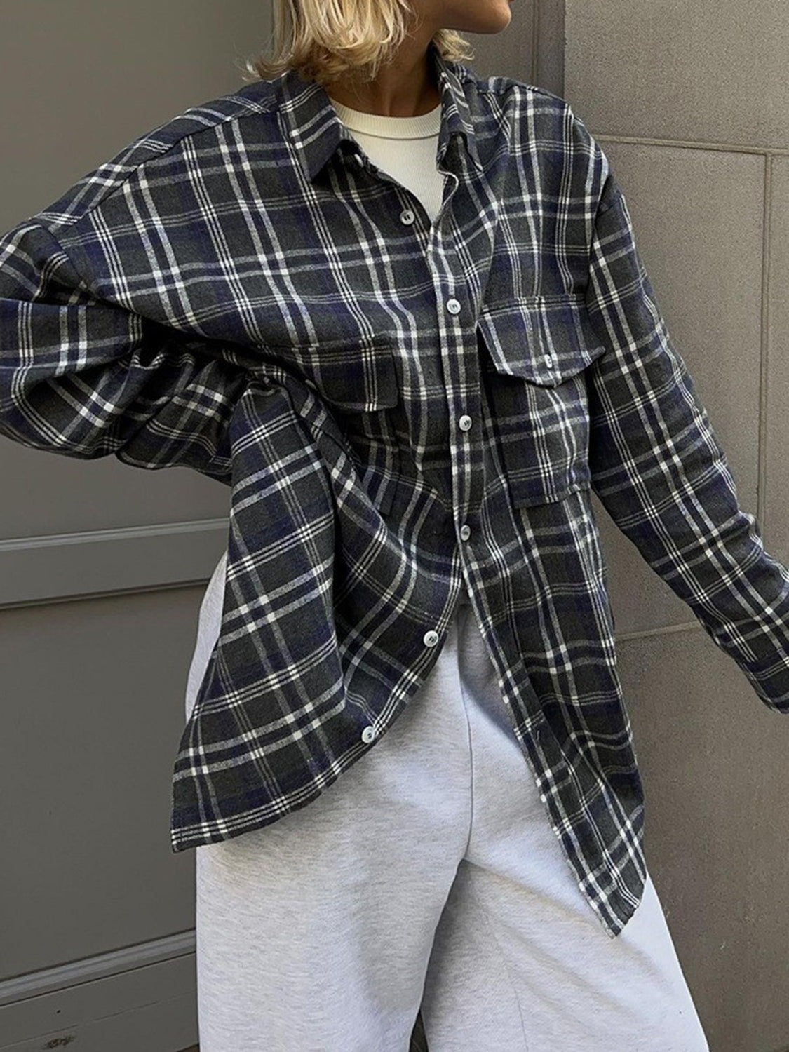 Pocketed Plaid Button Up Shacket-Angel Casuals