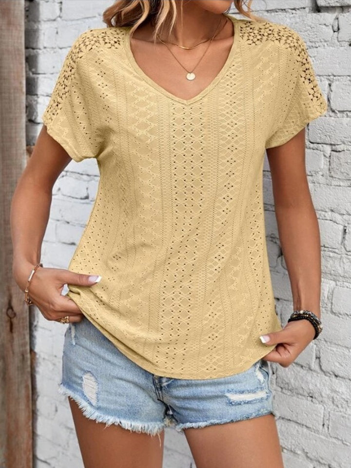 Eyelet V-Neck Short Sleeve T-Shirt-Angel Casuals
