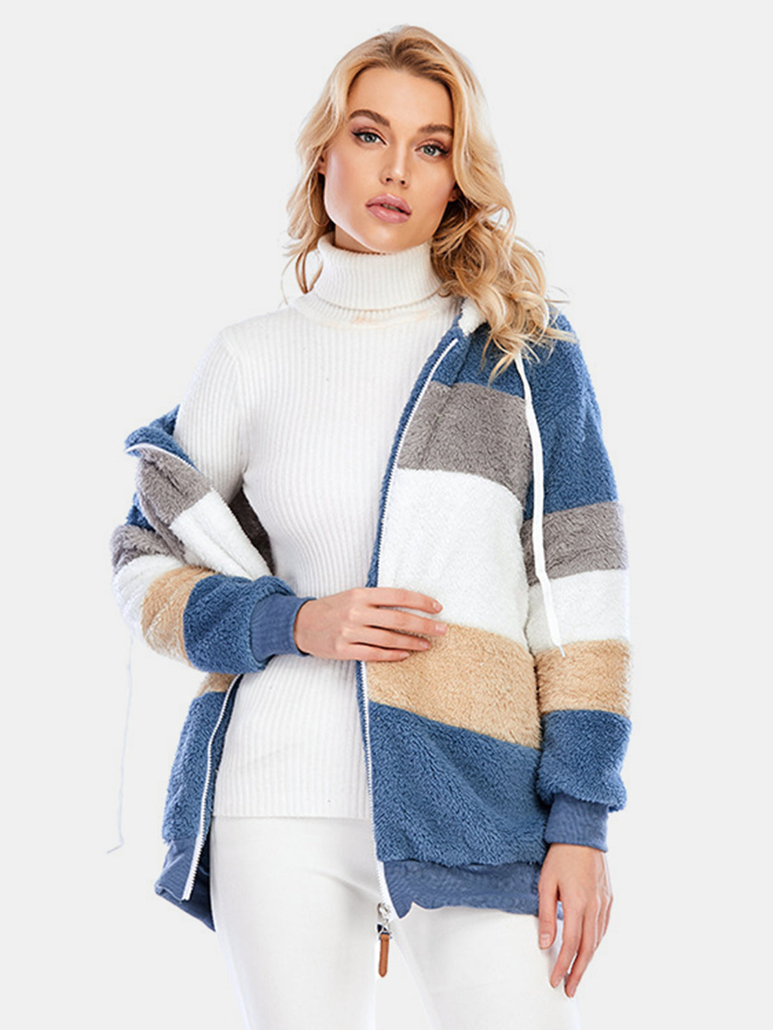 Full Size Drawstring Color Block Zip Up Hooded Outerwear-Angel Casuals