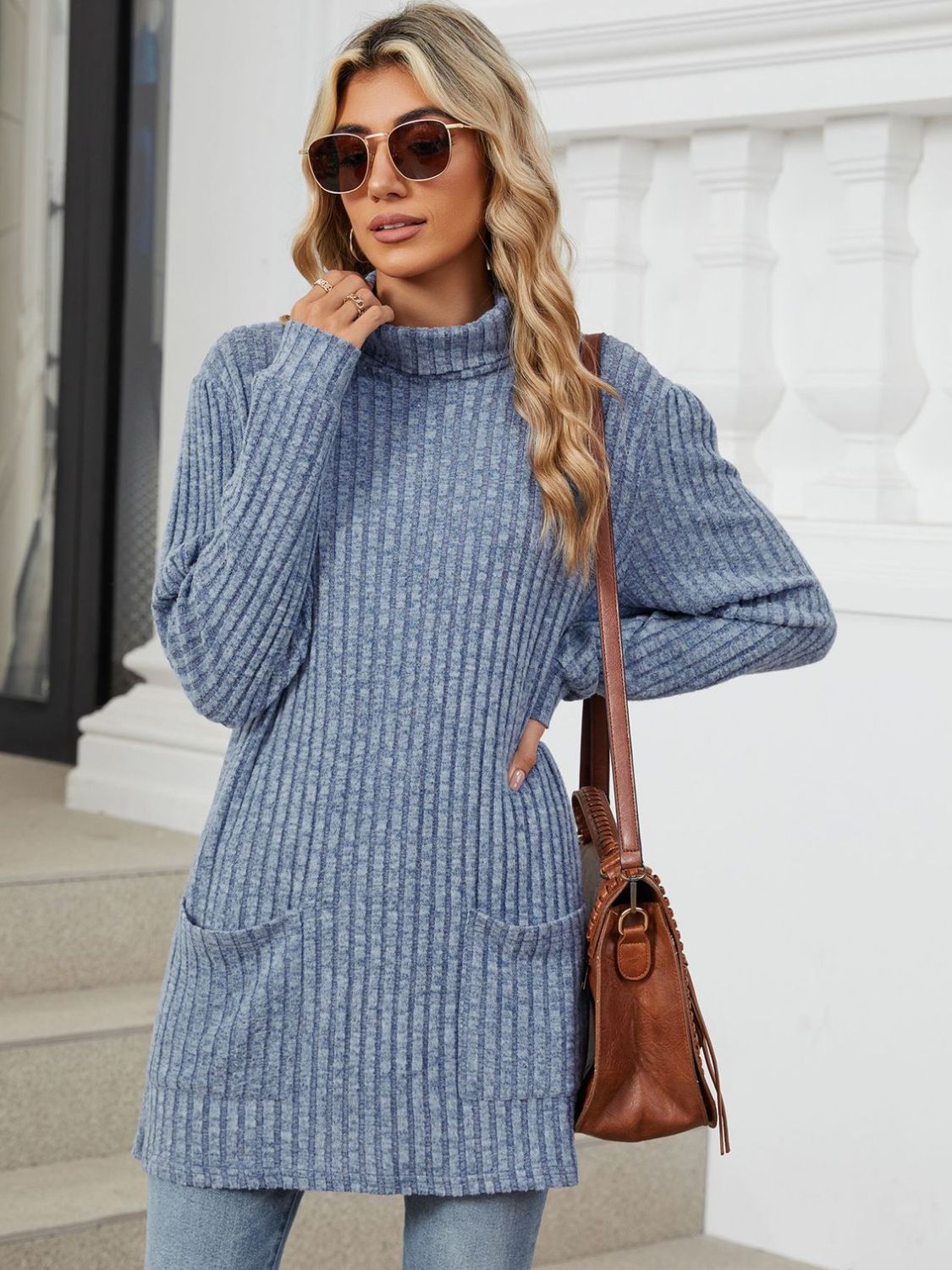 Ribbed Mock Neck Long Sleeve T-Shirt-Angel Casuals