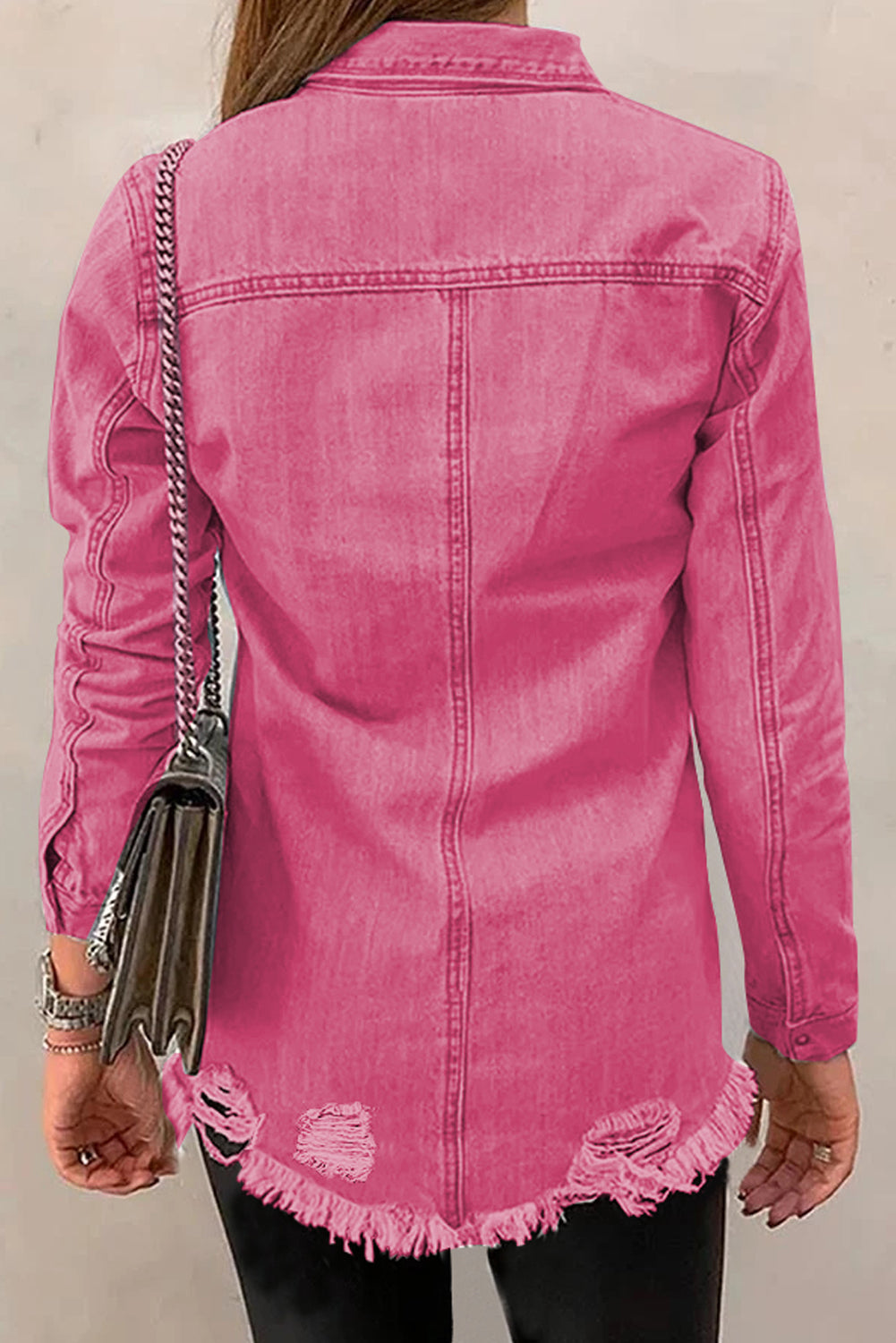 Distressed Raw Hem Snap Down Denim Jacket-Angel Casuals