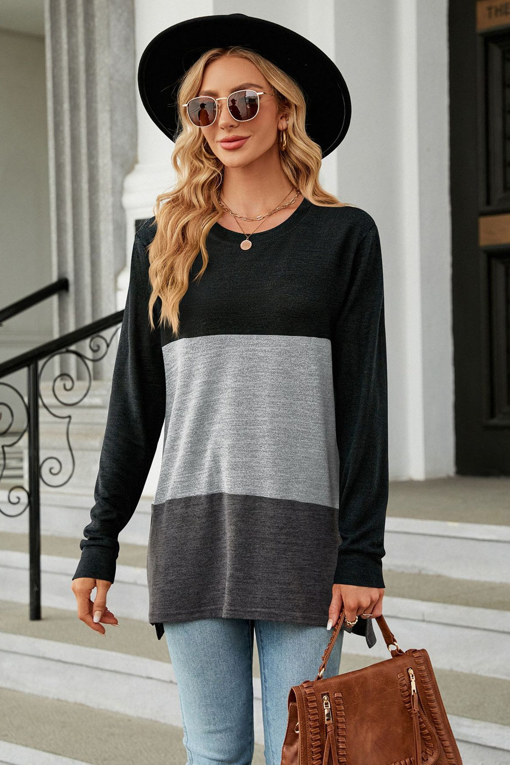 Color Block Round Neck Long Sleeve Slit T-Shirt-Angel Casuals