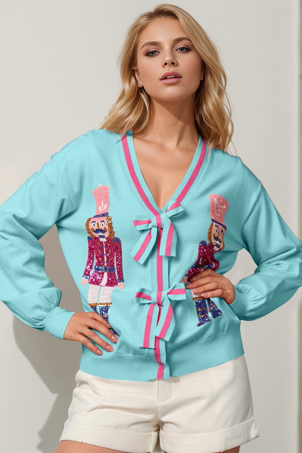 Double Take Full Size Nutcracker Sequin Bow Decor Cardigan-Angel Casuals
