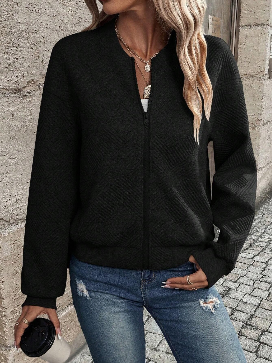 Textured Zip Up Long Sleeve Jacket-Angel Casuals
