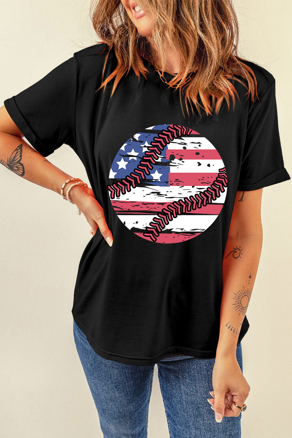US Flag Round Neck Short Sleeve T-Shirt-Angel Casuals