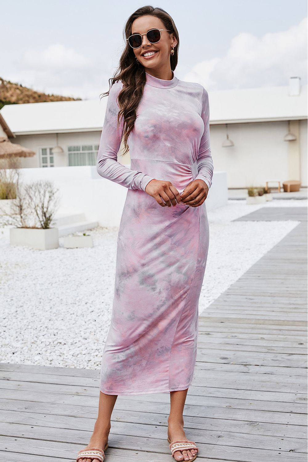 Tie Dye Mock Neck Long Sleeve Dress-Angel Casuals