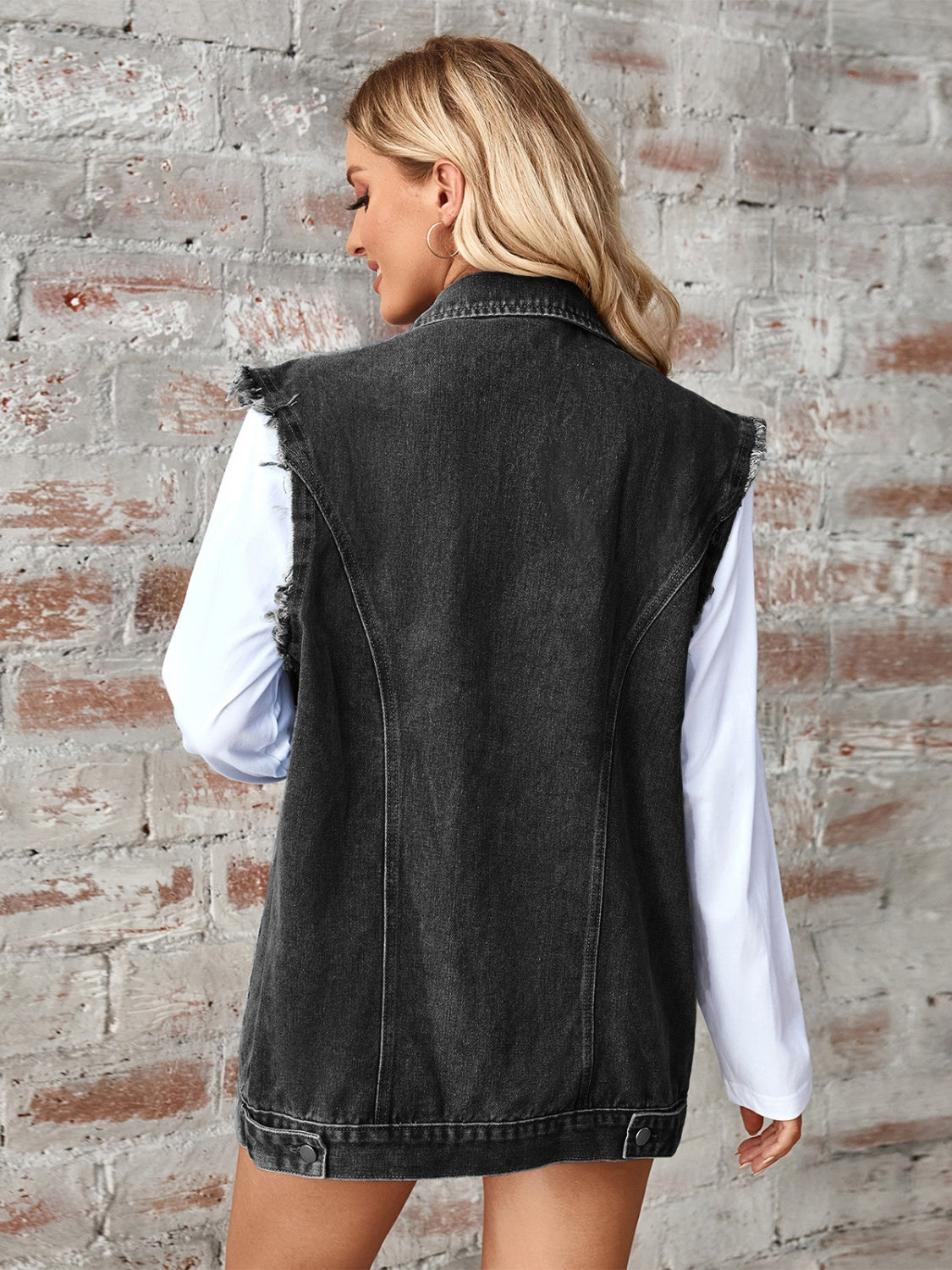 Raw Hem Sleeveless Button Up Denim Jacket-Angel Casuals