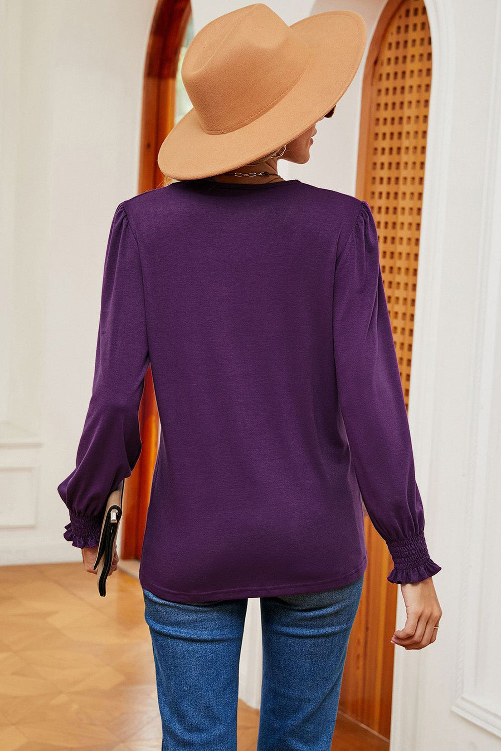 Lace Detail V-Neck Lantern Sleeve T-Shirt-Angel Casuals
