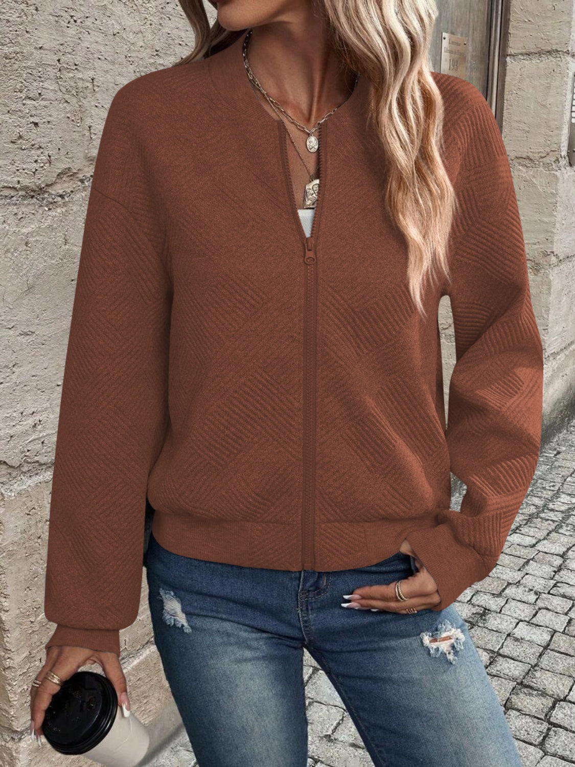 Textured Zip Up Long Sleeve Jacket-Angel Casuals