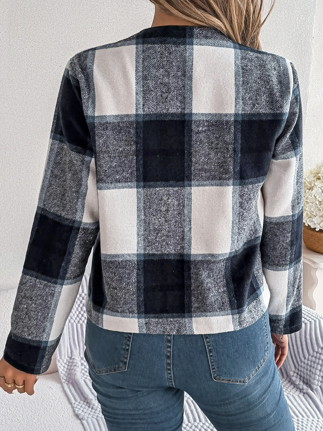 Plaid Open Front Long Sleeve Jacket-Angel Casuals